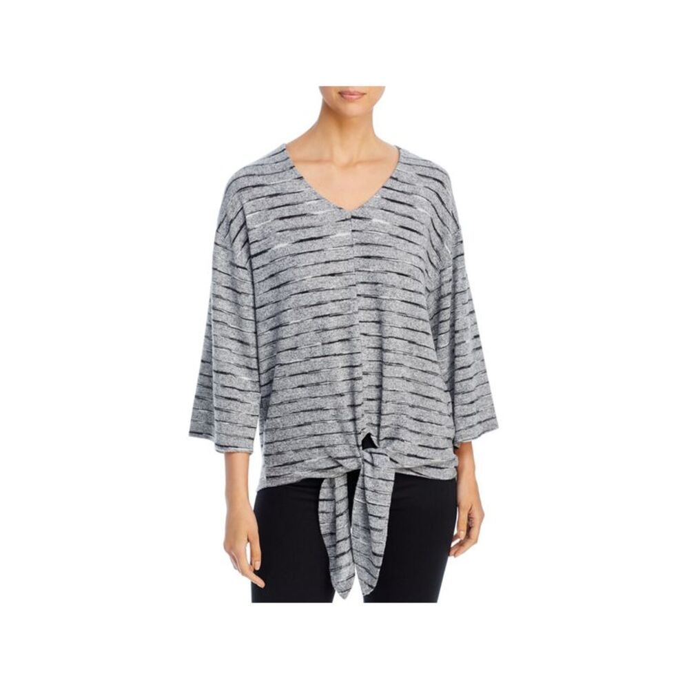 A + A COLLECTION Womens Gray Striped 3/4 Sleeve V Neck Top M
